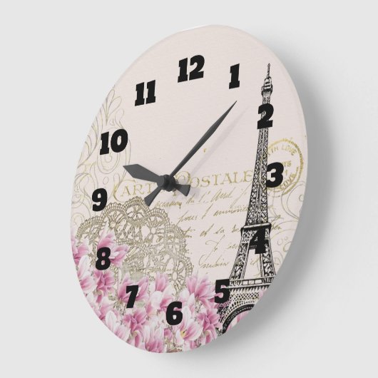 ピンクの野生の花が付いているヴィンテージのエッフェル塔のコラージュ ラージ壁時計 (傾斜)