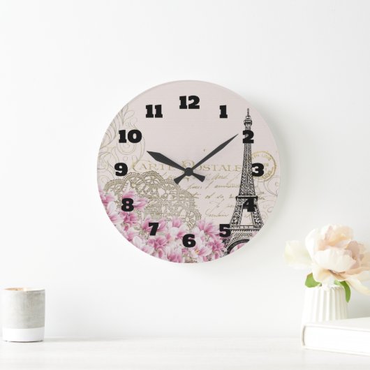 ピンクの野生の花が付いているヴィンテージのエッフェル塔のコラージュ ラージ壁時計 (ホーム)