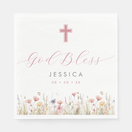 ピンクの野生の花と十字神バプテスマを祝福 スタンダードランチョンナプキン (正面)