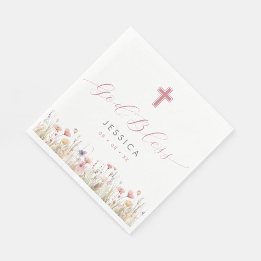 ピンクの野生の花と十字神バプテスマを祝福 スタンダードランチョンナプキン (角)