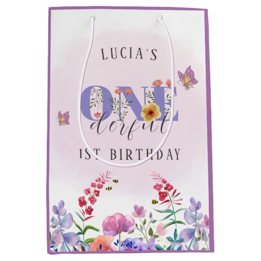 ピンクの野生の花に覆われた蝶とミツバチ ミディアムペーパーバッグ (正面)