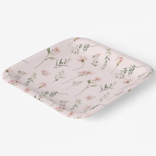 ピンクの野生の花のセージ緑のパーティー ペーパープレート (傾斜あり)