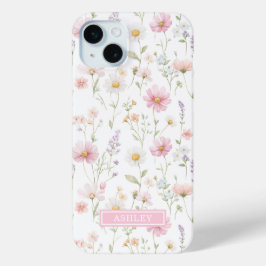 ピンクの野生の花の庭のモノグラム入り iPhone 15 MINIケース