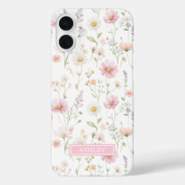 ピンクの野生の花の庭のモノグラム iPhone 16 PLUSケース