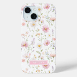 ピンクの野生の花の庭のモノグラム iPhone 15ケース