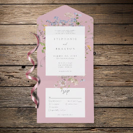 ピンクの野生の花の庭 エレガントな結婚式 オールインワン招待状