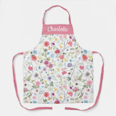 ピンクの野生の花の水彩フラワー エプロン (正面)