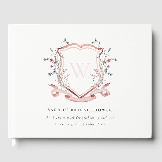 ピンクの野生の花の水彩画の紋章 ブライダルシャワー ゲストブック (正面)