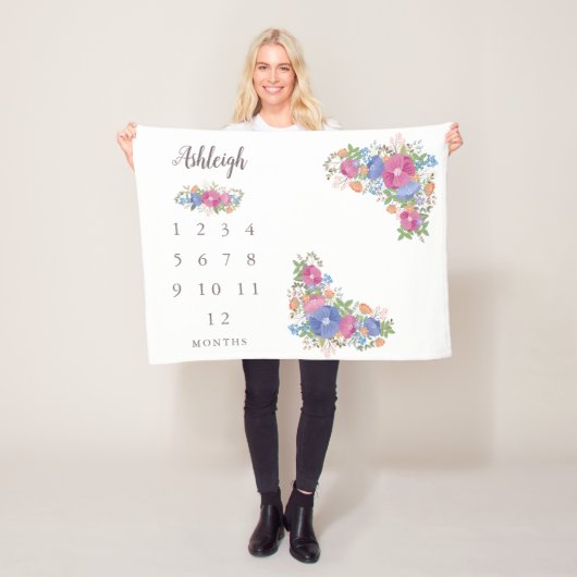 ピンクの野生の花の白人のベビーの月例マイル標石 フリースブランケット (インサイチュ)