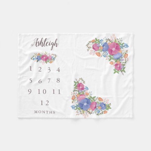 ピンクの野生の花の白人のベビーの月例マイル標石 フリースブランケット (正面(横))