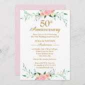 ピンクの野生の花の花 50周年記念 結婚式 招待状 (正面/裏面)