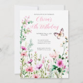 ピンクの野生の花の誕生日フラワーガーデン 招待状 (正面)
