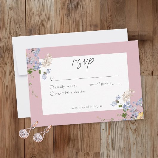 ピンクの野生の花ガーデン エレガントな結婚式 出欠カード