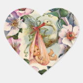 ピンクの野生バラを持つコウノトリ女の子の赤ちゃんシャワークラウン ハートシール (正面)