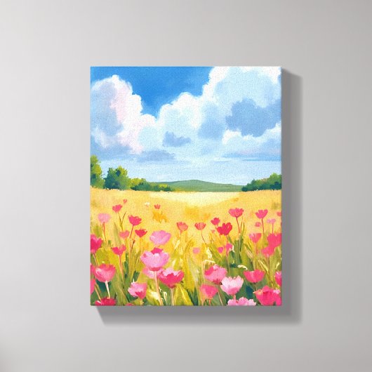 ピンクの野花の花畑の花の水彩画 キャンバスプリント (正面)