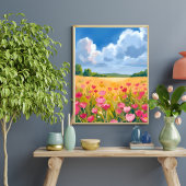 ピンクの野花の花畑の花の水彩画 ポスター