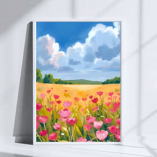 ピンクの野花の花畑の花の水彩画 ポスター