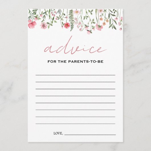 ピンクの野花の赤ちゃんシャワーアドバイス親カード アドバイスカード (正面)