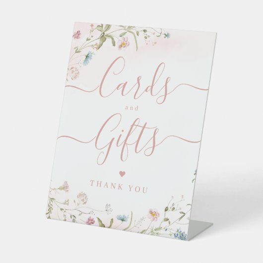 ピンクの野草粗野な結婚式のカードとギフト 台座サイン (正面)