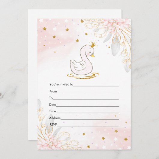 ピンクの金のスワン水彩画の招待状を記入してください 招待状 (正面/裏面)