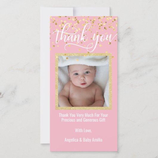 ピンクの金ゴールドありがとう赤ちゃんシャワー少女 |写真 サンキューカード (正面)