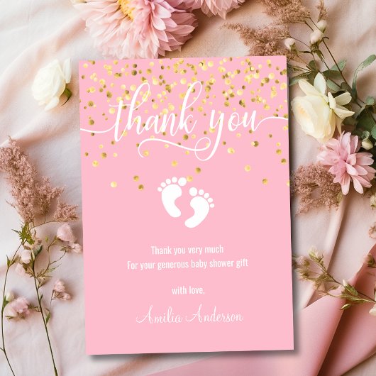 ピンクの金ゴールドありがとう赤ちゃんシャワー少女 |写真 サンキューカード