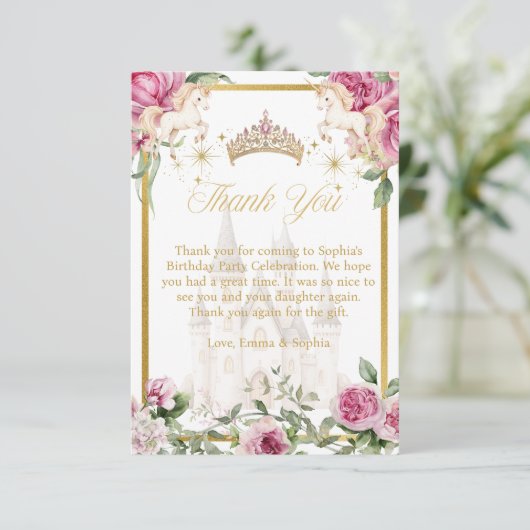 ピンクの金ゴールドおとぎ話プリンセスクラウンサンキューカード サンキューカード (スタンド正面)