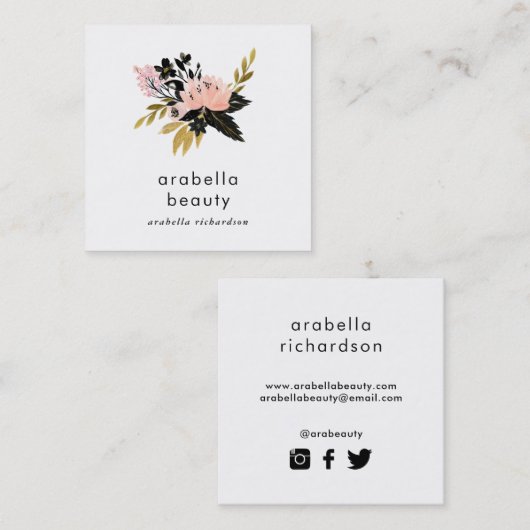 ピンクの金ゴールドおよび黒い花柄|の会合媒体アイコン スクエア名刺 (正面/裏面)