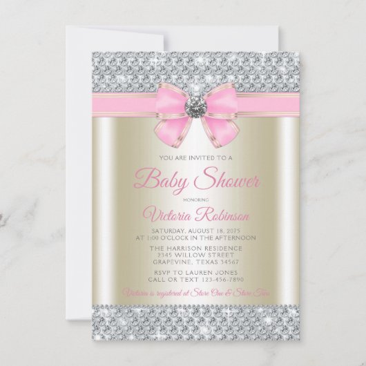 ピンクの金ゴールドきらきら光るグラムベビーガールシャワー 招待状 (正面)
