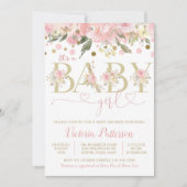 ピンクの金ゴールドその女の子の水色のフローラ赤ちゃんシャワー 招待状 (正面)