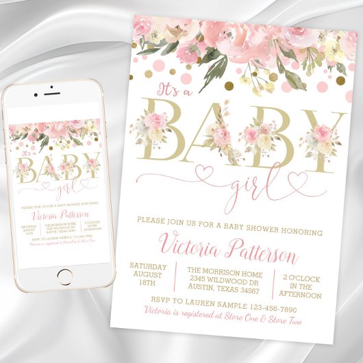 ピンクの金ゴールドその女の子の水色のフローラ赤ちゃんシャワー 招待状