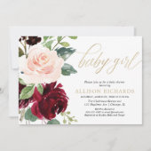 ピンクの金ゴールドとブルゴーニュのフローラ女の子の赤ちゃんシャワー 招待状 (正面)