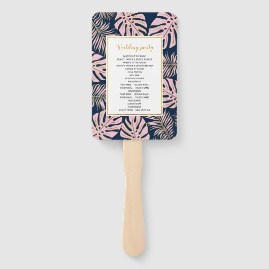 ピンクの金ゴールドと海軍の熱帯葉国の結婚式プログラム ハンドファン (裏面)