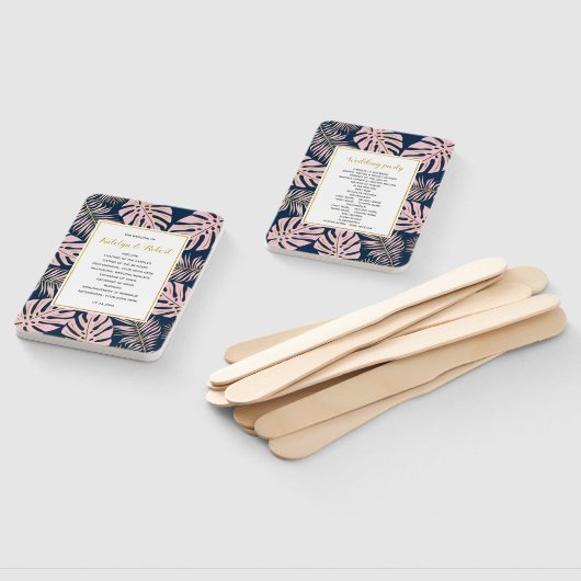 ピンクの金ゴールドと海軍の熱帯葉国の結婚式プログラム ハンドファン (組立なし)