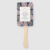 ピンクの金ゴールドと海軍の熱帯葉国の結婚式プログラム ハンドファン (正面)