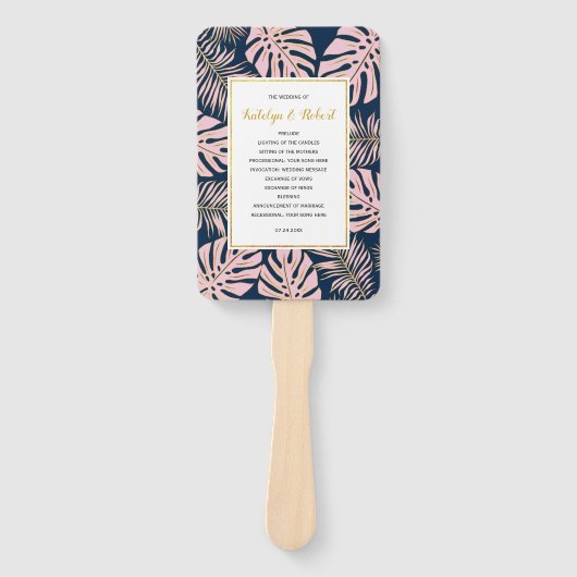 ピンクの金ゴールドと海軍の熱帯葉国の結婚式プログラム ハンドファン (正面)
