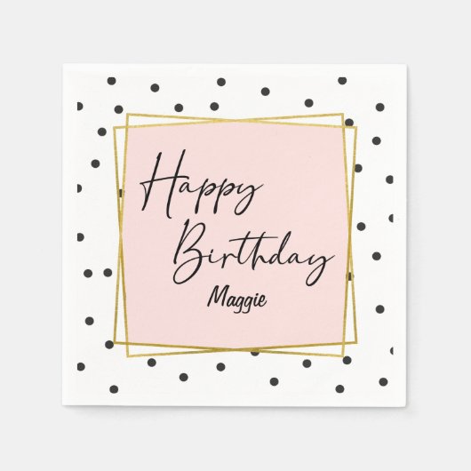 ピンクの金ゴールドと黒の紙吹雪ドットの誕生日 スタンダードカクテルナプキン (正面)