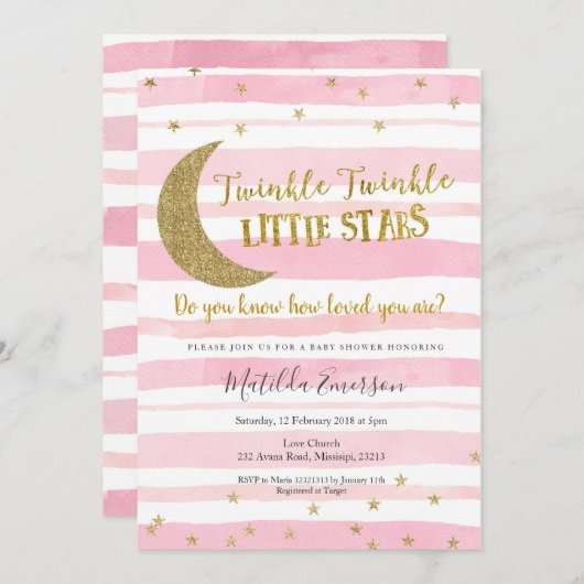 ピンクの金ゴールドのきらめき少し星のベビーシャワー 招待状 (正面/裏面)