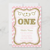 ピンクの金ゴールドのグリッターの第1誕生日の招待 招待状 (正面)