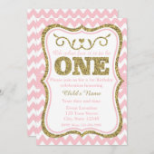 ピンクの金ゴールドのグリッターの第1誕生日の招待 招待状 (正面/裏面)