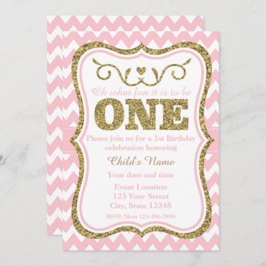 ピンクの金ゴールドのグリッターの第1誕生日の招待 招待状 (正面/裏面)