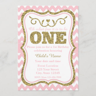 ピンクの金ゴールドのグリッターの第1誕生日の招待 招待状