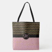 ピンクの金ゴールドのグリッターの黒のシェブロンのモノグラムのな大きい トートバッグ (正面)
