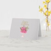 ピンクの金ゴールドのケーキのハッピーバースデーカード カード (黄色い花)