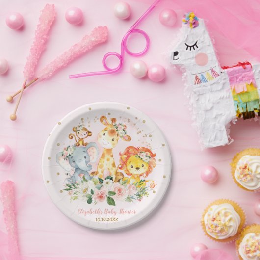 ピンクの金ゴールドのジャングル動物のサファリの花の女の赤ちゃん ペーパープレート (パーティー)