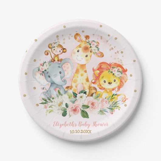 ピンクの金ゴールドのジャングル動物のサファリの花の女の赤ちゃん ペーパープレート (正面)