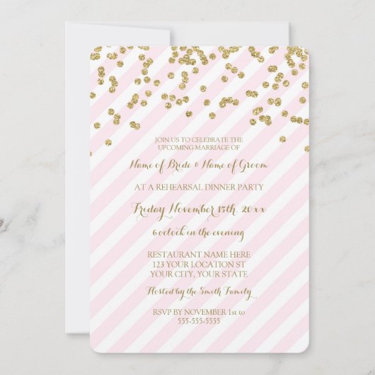 ピンクの金ゴールドのストライプなリハーサルのディナー・パーティ 招待状 (裏面)