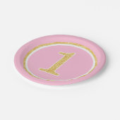 ピンクの金ゴールドのフェイクなグリッターの円の第1誕生日 ペーパープレート (アングル)