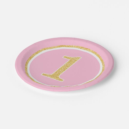 ピンクの金ゴールドのフェイクなグリッターの円の第1誕生日 ペーパープレート (アングル)