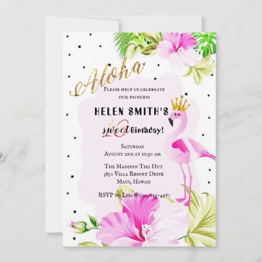 ピンクの金ゴールドのフラミンゴのプリンセスのアロハ菓子16 招待状 (正面)